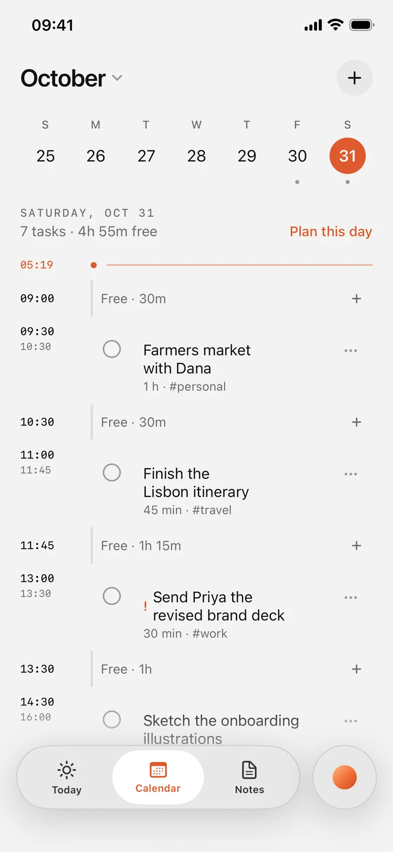 Typeblock’s calendar with today’s tasks and free time