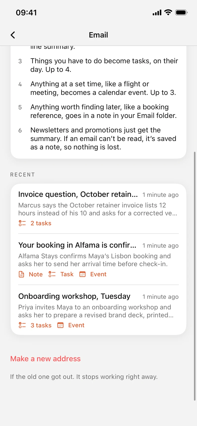 Typeblock’s email list showing recent emails and what each one became