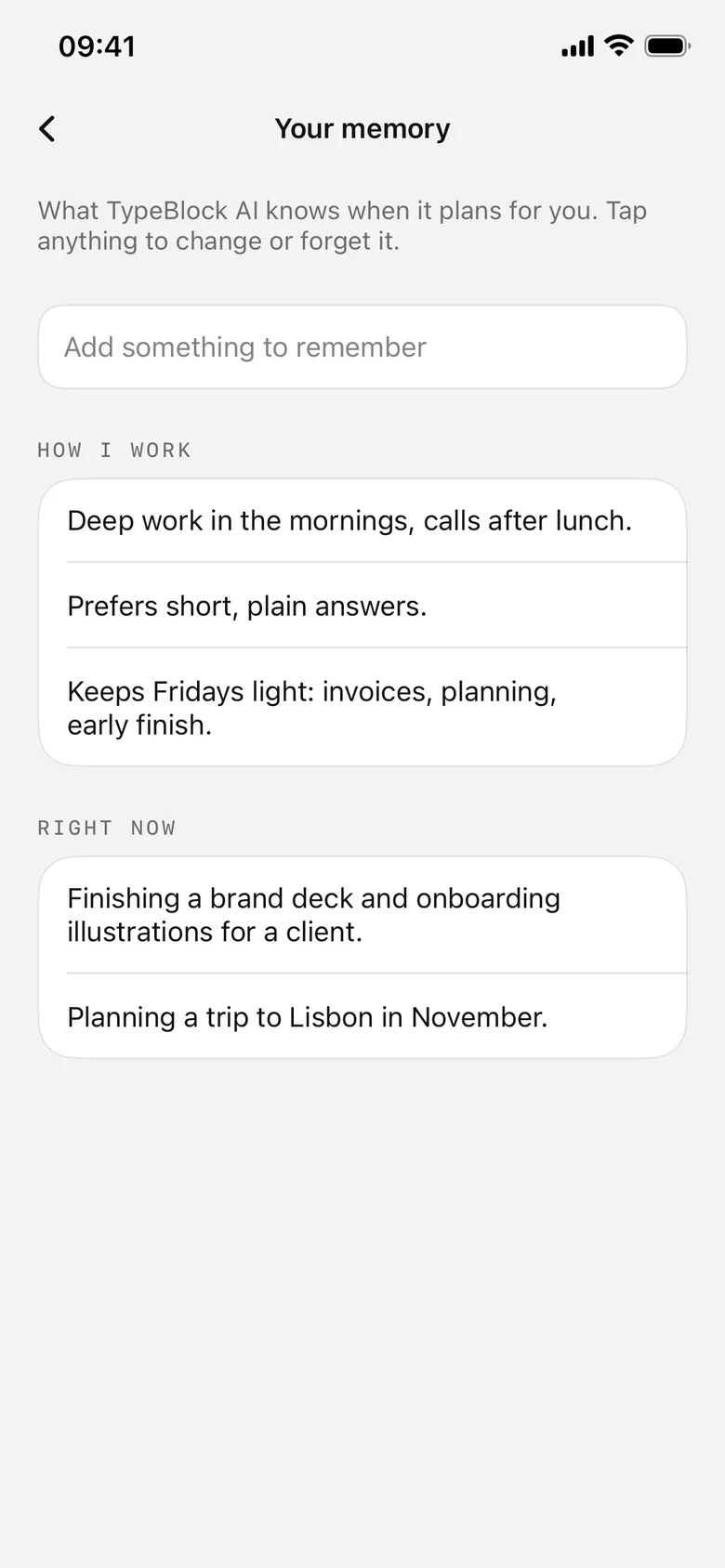 Typeblock’s memory screen listing how the owner works and what they are doing right now