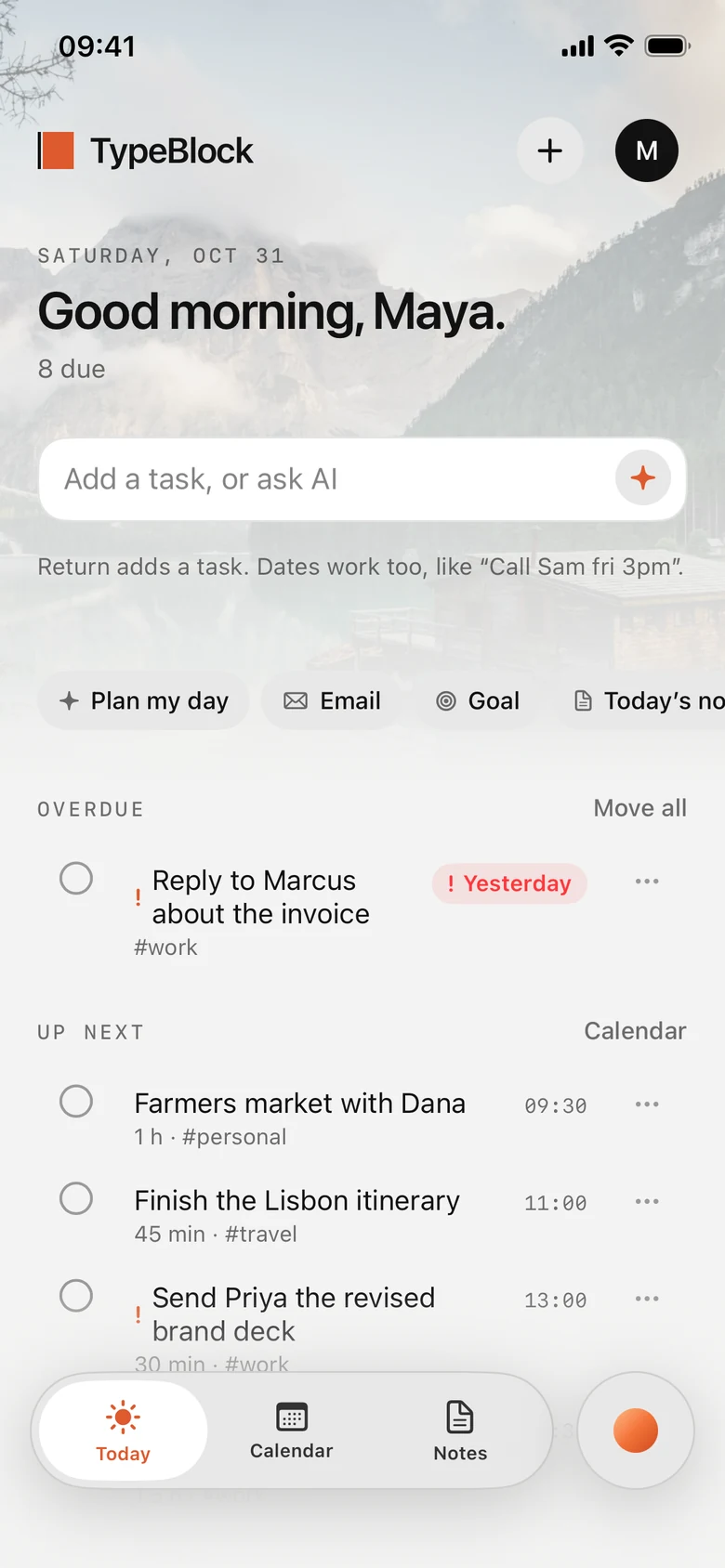 Typeblock’s Today screen with a greeting, an add-a-task field, overdue and upcoming tasks